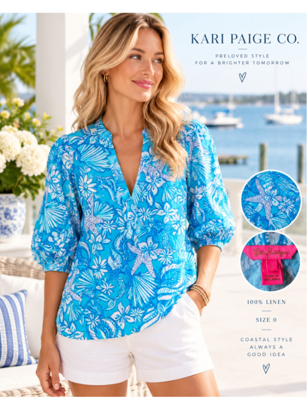 Lilly Pulitzer 100% Linen Coastal Print Blouse Size 0 Blue White
